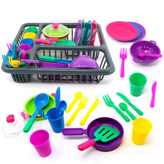 Big Mo's Toys; Big Mo's Toys Pretend Play Dishes Playset – Little Chef Set, Kids Serving Dishes - Play Cups, Cutlery, Ladle, Tableware, Pots and Dish Drainer, Set of 28; Category:Play Sets & Play Food; Image:1